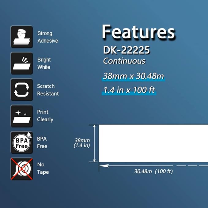 BETCKEY - Continuous Labels Replacement for Brother DK-2225 (1.4 in x 100 ft), Compatible with Brother QL Label Printers [1 Rolls/Continuous Labels, Light Blue]
