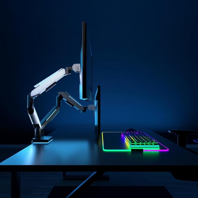 Mount-It! Heavy Duty Dual Monitor Arm up to 35 in. 44 lbs Screens, RGB Lights, 75x75 100x100 VESA Desk Mount for 2 Widescreen Curved Monitors 27 32 34 35 inches, Gas Spring, Clamp, Grommet, RGB Lights