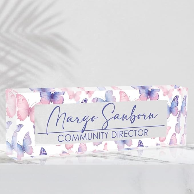 Personalized Office Desk Name Plate Acrylic Glass Block (Watercolor Butterfly)