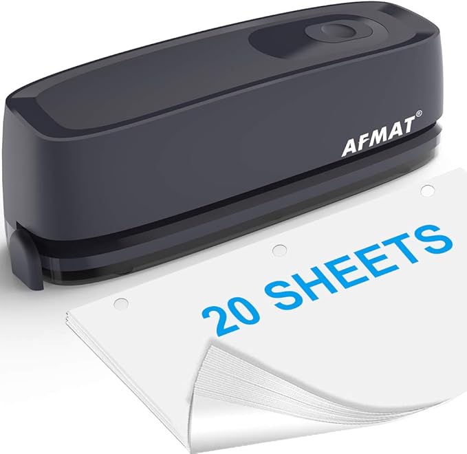 AFMAT Electric 3 Hole Punch, 20-Sheet 3 Hole Puncher for Binder, Effortless Punching, 9/32" Hole Diameter, Paper Hole Puncher 3 Hole Heavy Duty, for Office/School/Studio, AC or Battery Operated, HP08