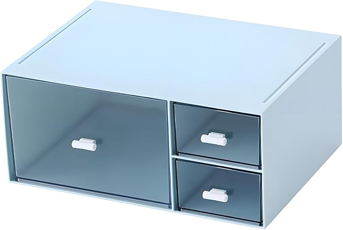 Desktop Stackable Storage 3 Drawers, Blue Plastic Stationery Drawer Organiser, Makeup Desk Organiser Storage Box, Small Drawers Storage Unit, 1 Deep Layer