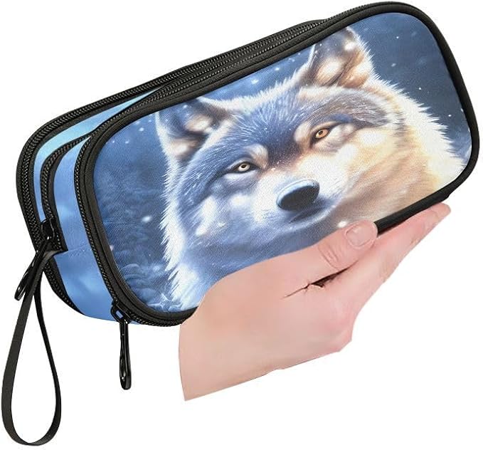 Wolf Snowy Pencil Case Box Boys Girls Large Pencil Pouch Zipper Compartments Big Capacity Stationery Pen Bag Organizer for Kids Teens Adults School