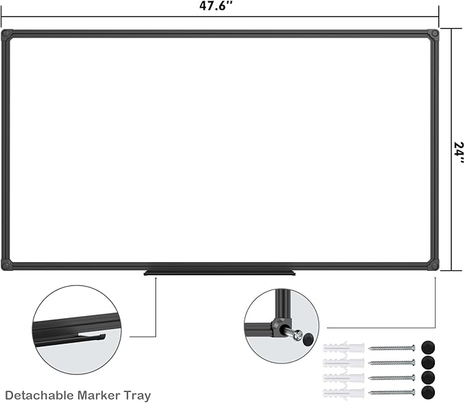 JILoffice Magnetic Whiteboard/White Board, Dry Erase Board 48 x 24 Inch, Black Aluminum Frame Wall Mounted Board for Office Home and School