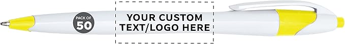 DISCOUNT PROMOS Custom Slim Curvy Ballpoint Pens Set of 50, Personalized Bulk Pack - Black Ink, Retractable, Great for Office, School, Tradeshows - Yellow