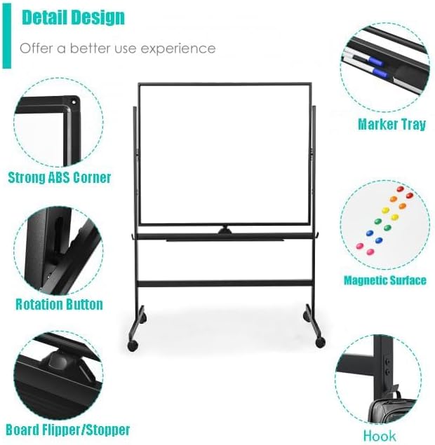 BIBOC 32x48 Inches Large Mobile Dry Erase Whiteboard with Rolling Stand - Double Sided Height Adjustable Whiteboard for Office, School- Aluminum Frame & Durable Writing Surface (48×32 inches)