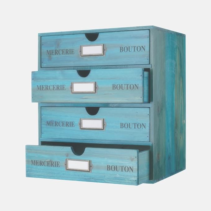 Wooden Storage Box with Drawers Vintage Office Supplies and Accessories Letter Tray Wood Desktop File Organizer 4 Tier Paper Sorter School Supply Holder Rustic Jewelry Box (LARGE BLUE)