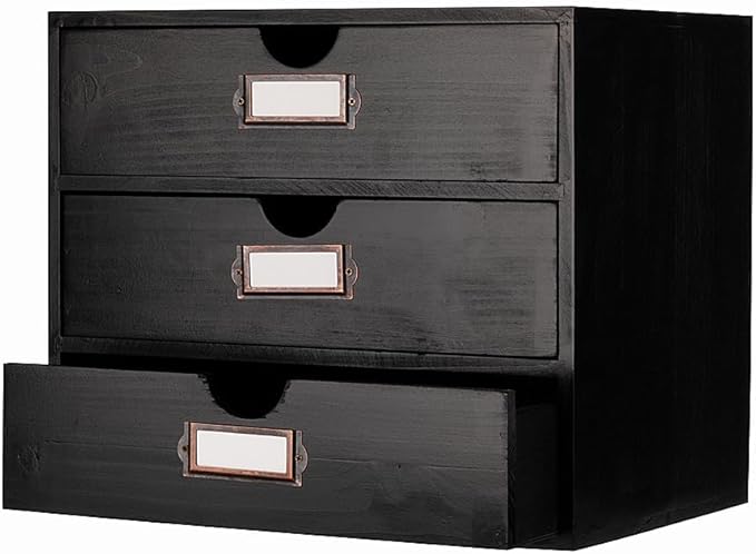 Wooden Storage Box Rustic Desktop Organizer with 3 Drawers Office Desk Accessories Shelf Large Craft Storage Containers Apothecary Cabinet and Chest Jewelry Holder for women(BLACK)
