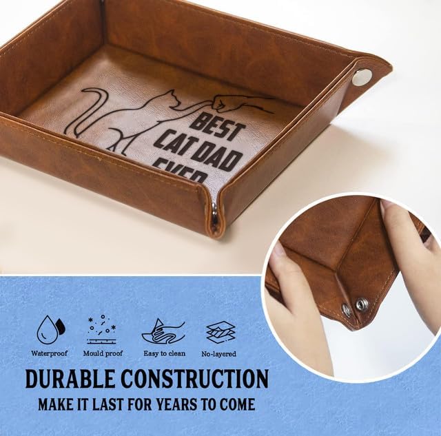 Cat Gifts for Men - PU Leather Storage Gift for Fathers Day, Unique Birthday Gift for Dad from Son Daughter, Funny Cat Dad Gifts Desk Organizer, Cat Lovers Valet Tray Desk Decor Accessories