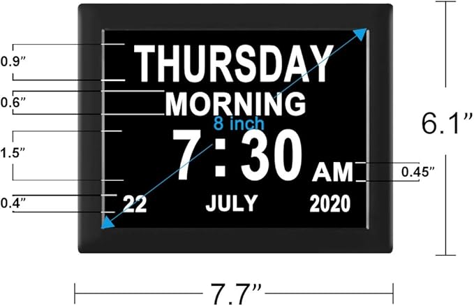 7.85 Inch Dementia Clock for Seniors - Extra Large Display Digital Wall Clock with Day & Date, 12 Custom Alarms - High Contrast for Low Vision, Memory Care (Black)