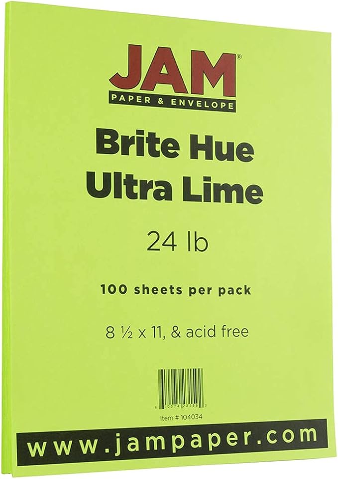 JAM PAPER Colored 24lb Paper - 90 gsm - 8.5 x 11 - Ultra Lime Green - 50 Sheets/Pack