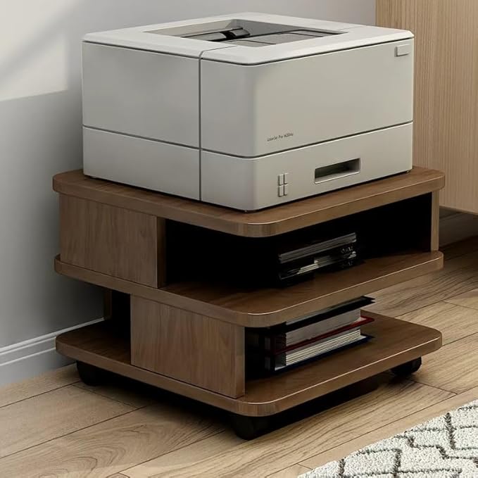 Under Desk Drawer Wooden 2 Tier Printer Shelf with Storage，Mobile Cart Wooden File Cabinets with Open Storage Shelf(White,23.6x23.6x19.7 in)