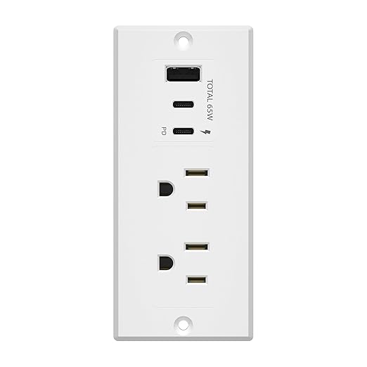 LIDER Rectangle Desktop Power Grommet with USB-C PD60W & USB-A, USB Combined Output 65W, 12A AC Outlets, Auto-Slide Cover, 6.5ft Cord, Desk Charging Station for Conference Table, ETL-Listed, White