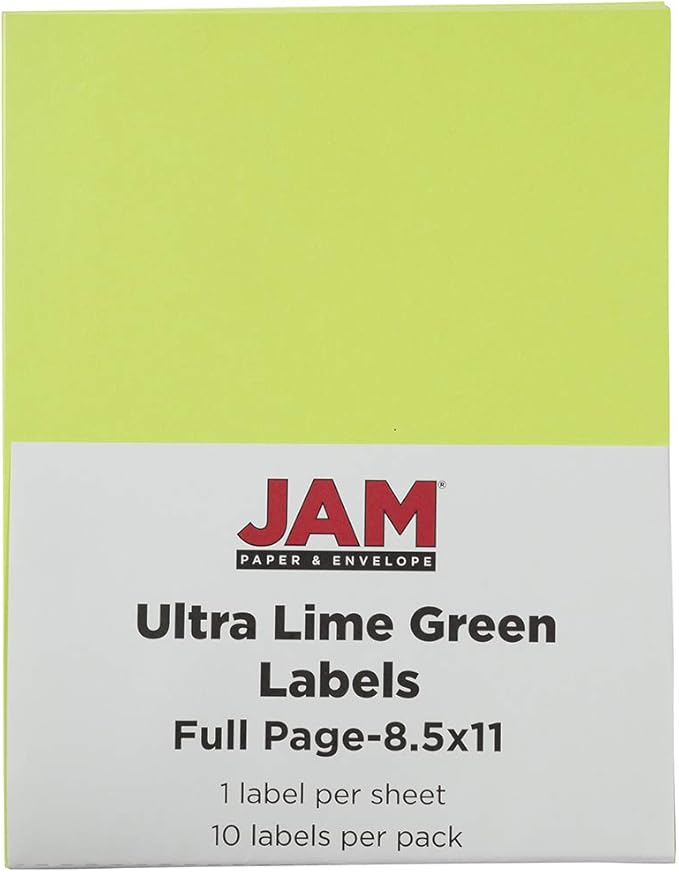 JAM PAPER Full Sheet Shipping Labels - Printable Sticker Paper - 8 1/2 x 11 - Ultra Lime Green - 10 Full Pages/Pack