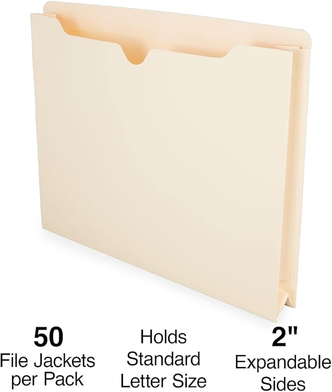 Staples Jacket File Folders, Letter Size, Manila, Expandable 2-Inch Sides, Bulk 50-Pack