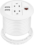 BTU Desktop Power Grommet with USB, 3 inch Hole Recessed Power Outlet, Flush Mount Power Strip Outlet with 2 AC Outlet & 2 USB Ports & 1 CAT6 & 10ft Power Cords for Table, Office, Home, Hotel, White
