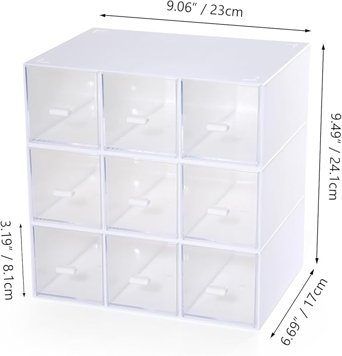 Desktop Drawers, Desk Organizer with 9 Drawers, Stackable Plastic Storage Box for Home Collection, Cosmetics, Office Supplies (3 Tall Layers, White)