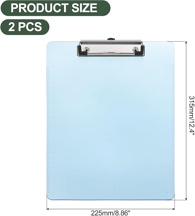 M&G 2 Pcs Plastic Clipboards 12.4 x 8.9 Inch, Ruler Clip Boards with Low Profile Metal Clip Holds 110 Sheets of A4 Letter Size Paper for Office Classroom, Transparent Blue