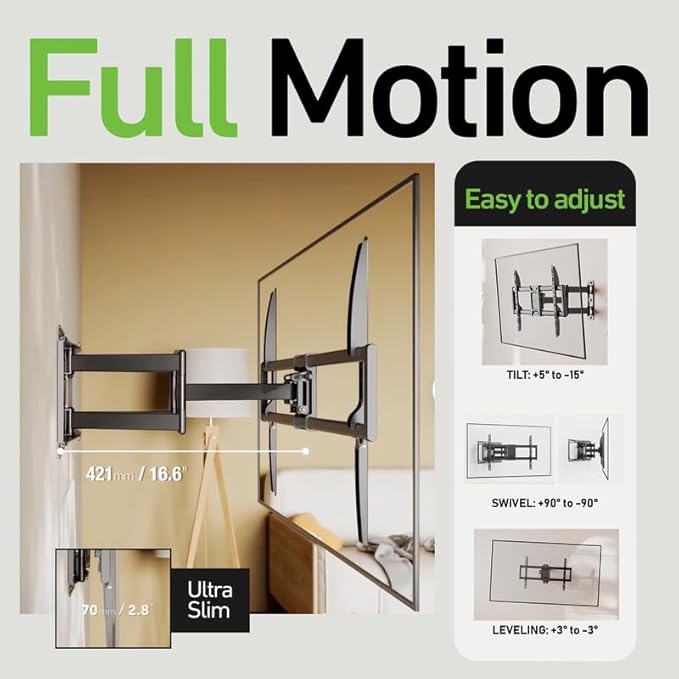 Heavy Duty Dual Arm Articulating Wall Mount Bracket for QN90F Series Neo QLED Mini LED 4K UHD QN75QN90FAFXZA 75 InchTV - Tilt & Swivel/Pull Out 2.8"-16.6"/ Holds 165 lbs