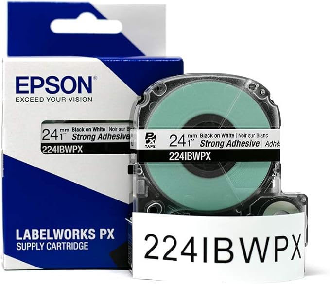 Epson LABELWORKS 224IBWPX Genuine PET (Polyester) Tape Cartridge - Black on White Strong Adhesive Industrial Label Maker Tape - 1" (24MM) Wide, 30 ft