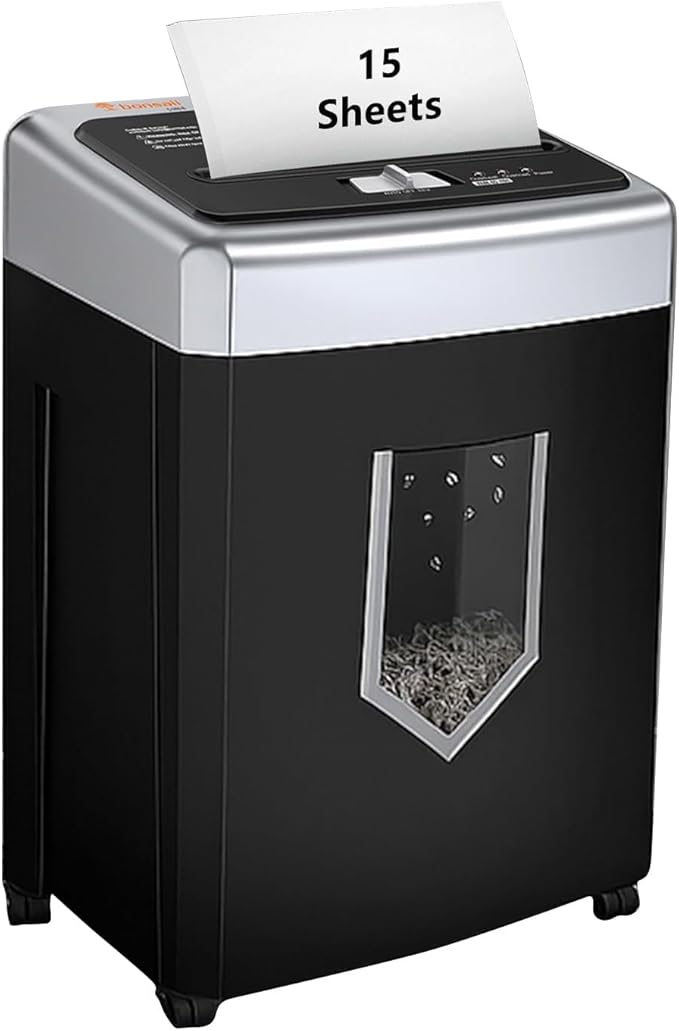 Bonsaii 15-Sheet Cross-Cut Shredder, 40-Min Run Time for Home or Small Office, Shreds CDs, Credit Cards & Staples, 5-Gallon Pull-Out Basket with Clear Window, 360° Swivel Casters – Black