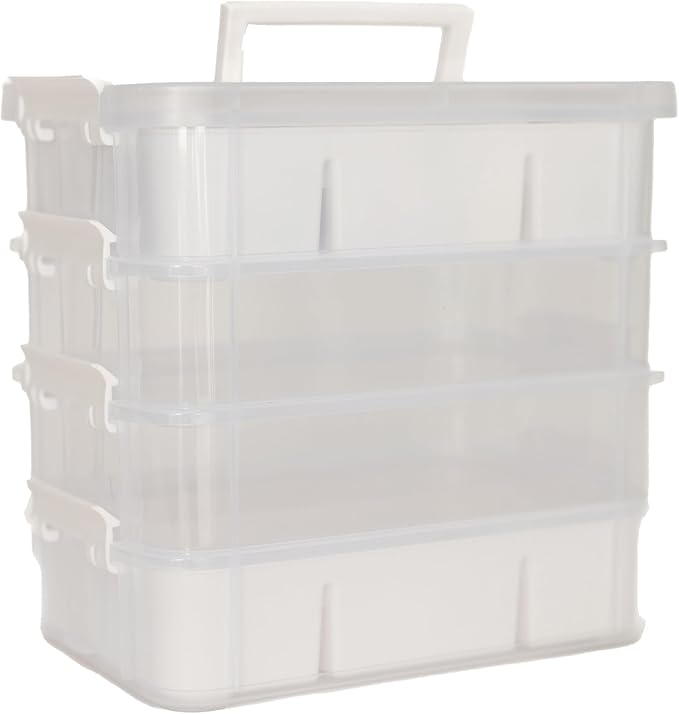 Everything Mary Clear 4-Tier Stackable Snap Box – Portable Plastic Craft Organizer for Paint Bottles, Glitter, Beads, Sewing Notions, DIY Supplies – Clear Storage Container with Handle