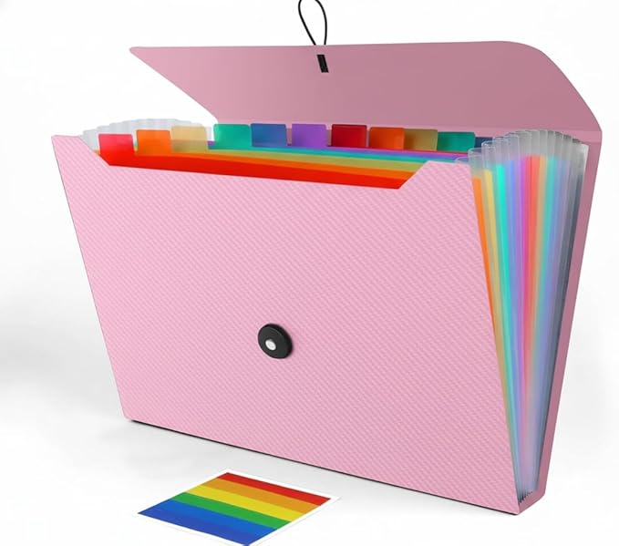 Accordion File Organizer, Accordion Folder for Sorting Documents and Papers, 13 Pockets Expanding File Storage Organizer for Home, Travel and Office Use (Pink)