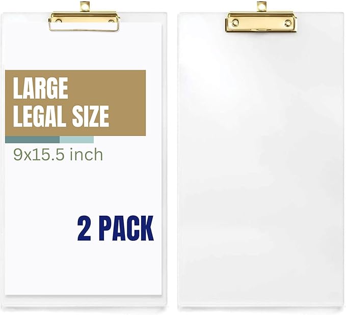 UNIQOOO 2 Pack Clear Acrylic Clipboard with Gold Low Profile Clip, 9x15.5 Legal Size for Legal Note Pad Document Holder, School, Office