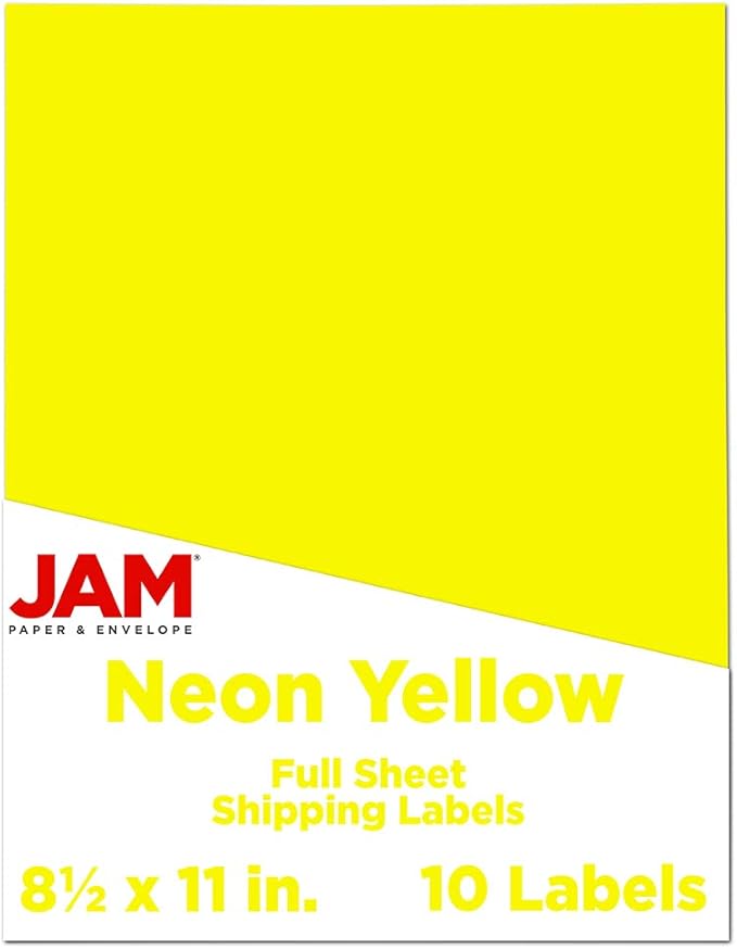 JAM PAPER Full Sheet Shipping Labels - Printable Sticker Paper - 8 1/2 x 11 - Neon Yellow - 10 Full Pages/Pack
