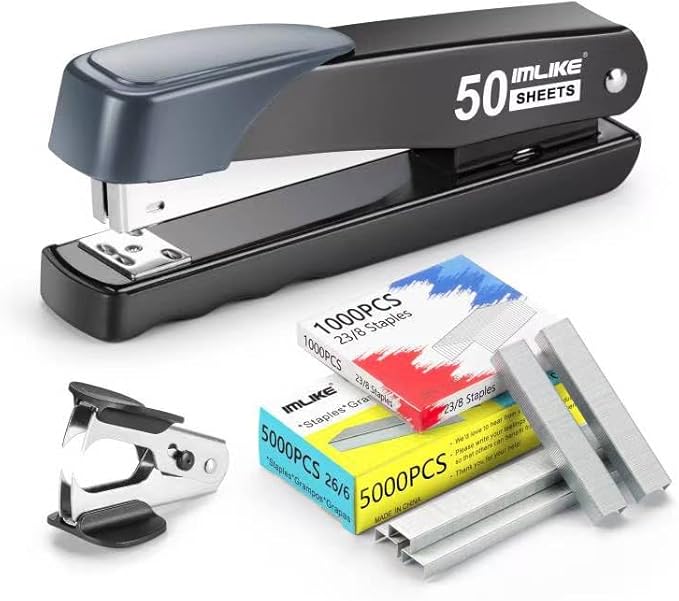 IMLIKE Metal Stapler Heavy Duty 50 Sheet Capacity, Full Strip Staplers for Desk with 6000 Staples and Staple Remover,No Jam, Non-Slip for Office & Classroom, Black