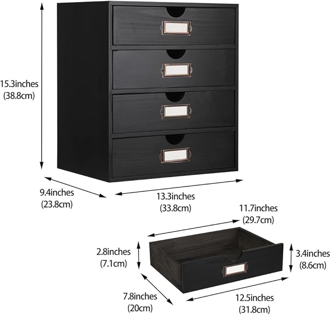 Wooden Storage Box Rustic Desktop Organizer with 4 Drawers Office Desk Accessories Shelf Large Craft Storage Containers Apothecary Cabinet and Chest Jewelry Holder for women(BLACK)