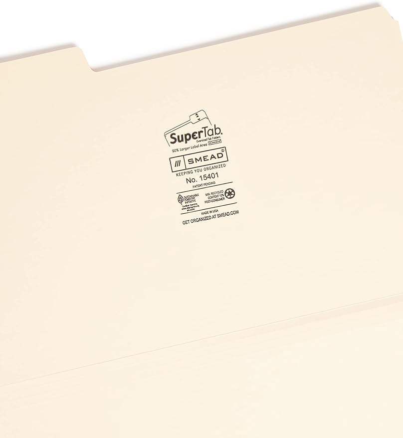 Smead SuperTab Heavyweight File Folder, Oversized 1/3-Cut Tab, Legal Size, Manila, 50 Per Box (15401)