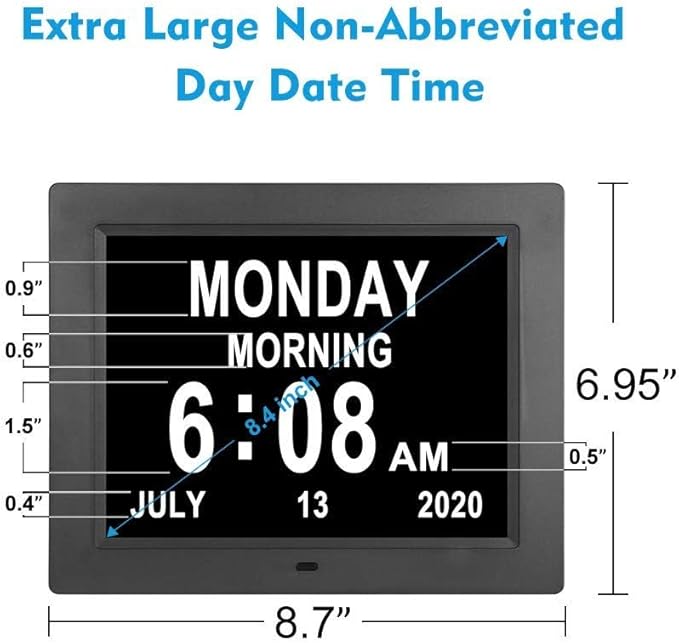 Extra Large Day Date Time Digital Day of Week Clock 8 Alarm Option for Seniors Elderly with Impaired Vision Memory Loss Demenita Clocks