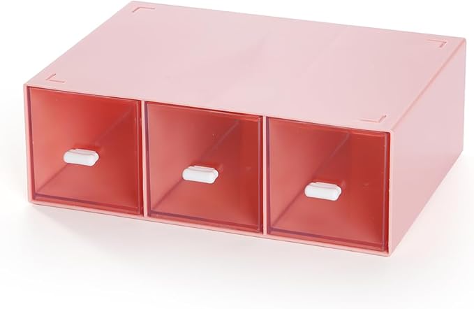 Desktop Drawers, Desk Organizer with 3 Drawers, Stackable Plastic Storage Box for Home Collection, Cosmetics, Office Supplies (1 Tall Layer, Pink)