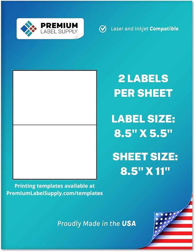 Premium Label Supply White Sticker Half Sheet Labels – 8.5" x 5.5" – Laser/Inkjet Compatible – (2 per Sheet), 25 Sheets - 50 Total Adhesive Labels