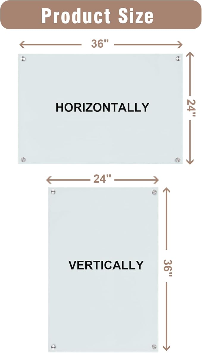 Mifuro Magnetic Glass Whiteboard，36"x24" Wall Mounted Frameless Dry Erase Board for Office, Home & School White