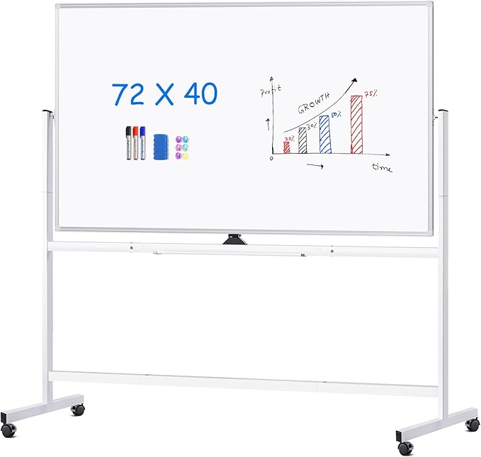 maxtek Rolling Whiteboard 72x40, Large Double-Sided White Board Dry Erase on Wheels, Giant Magnetic White Board Standing for Office, School, Home Office, Homeschool (Sliver)