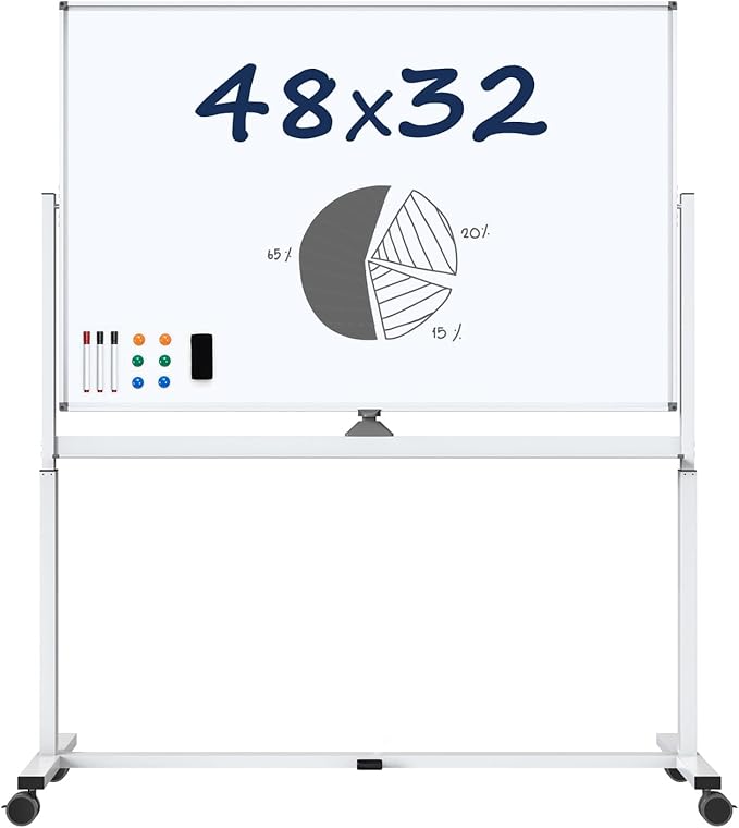 Large Dry-Erase Rolling Magnetic Whiteboard - TSJ OFFICE 48 x 32 Inches Dry Erase Board with Stand Height Adjust Double Sides Mobile White Board Easel on Wheels Office, Home & Classroom