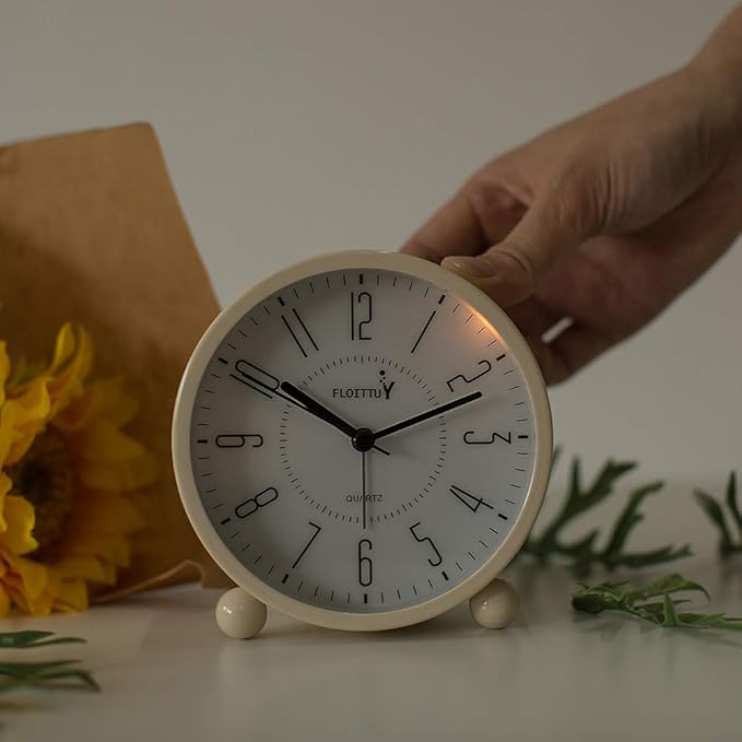 Super Silent Metal Alarm Clock,Beep Wake Round Alarm Clock with Night Light,Battery Operated,Easy Set,Simple & Retro for Desk, Bedroom and Home Decoration(Creamy White)