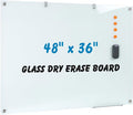 Glass Dry Erase Board, 48 x 36 Inches Magnetic Glass Whiteboard for Wall, 4' x 3' Frameless Board for Office, Home, School