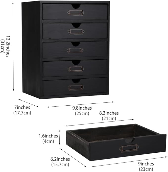 Wooden Storage Box with 5 Drawers Apothecary Drawers Vintage Wooden Drawers Wood Desktop Organizer with Drawers Countertop Drawers Library Card Catalog Cabinet Apothecary Cabinet （BLACK）