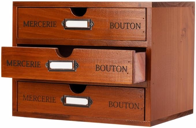 Wooden Storage Box Rustic Desktop Organizer with 3 Drawers Office Desk Accessories Shelf Small Craft Storage Containers Apothecary Cabinet and Chest Jewelry Holder for women(BROWN)