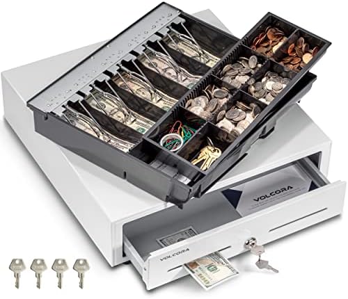 Volcora Cash Register Drawer for Point of Sale (POS) System with Fully Removable 2 Tier Cash Tray, 5 Bill/8 Coin, 24V, RJ11/RJ12 Key-Lock, Double Media Slot, White