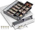 Volcora Cash Register Drawer for Point of Sale (POS) System with Fully Removable 2 Tier Cash Tray, 5 Bill/8 Coin, 24V, RJ11/RJ12 Key-Lock, Double Media Slot, White