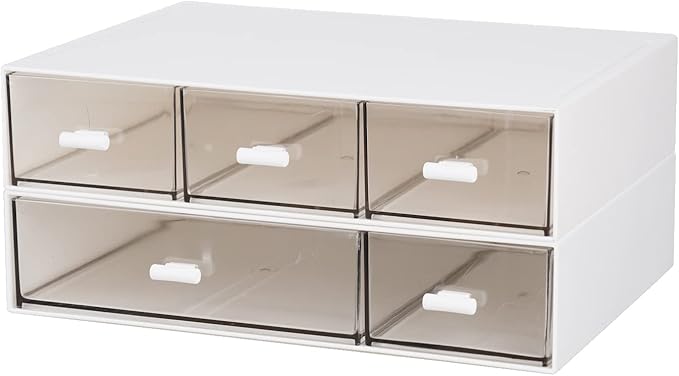 Desktop Organiser with 5 Drawers, Stackable Plastic Storage Box on Desk, Small Drawers Storage Unit for Home Collection, Cosmetics, Office Supplies (2 Flat Layers, White)