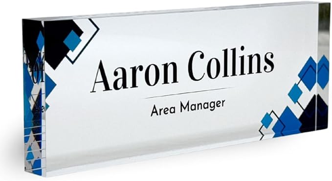 Customized Clear Acrylic Thick 8x3" Desk Name Plate Block with Personalized Logo - Professional Office Decor - Customized Acrylic Plate Gift for Teacher Co-workers, Christmas Gifts for Her, Thanksgiving Gifts (Elegant Squares)