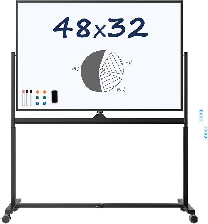 Large Dry-Erase Rolling Magnetic Whiteboard - TSJ OFFICE 48 x 32 Inches Dry Erase Board with Stand Height Adjust Double Sides Mobile White Board Easel on Wheels Office, Home & Classroom