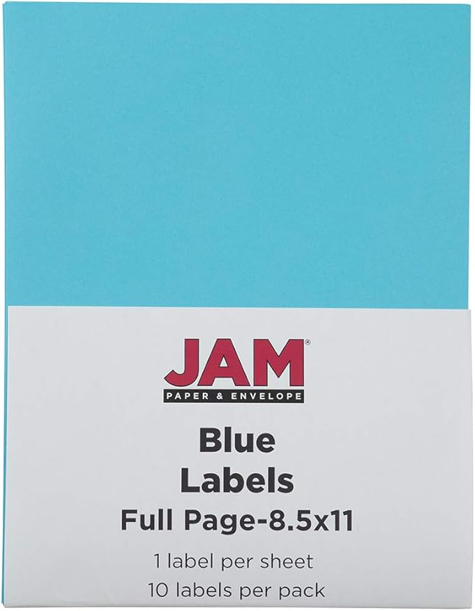 JAM PAPER Full Sheet Shipping Labels - Printable Sticker Paper - 8 1/2 x 11 - Blue - 10 Full Pages/Pack