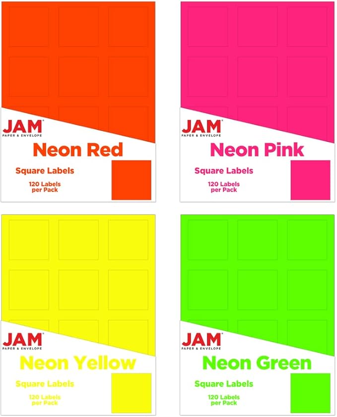 JAM PAPER Product & Container Labels - Square - 2 x 2 - Assorted Neon Colors - 120/Pack
