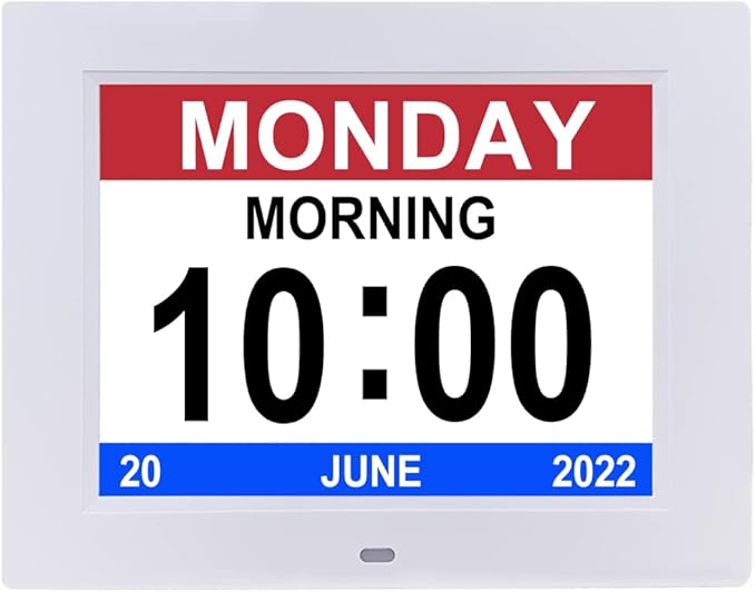 Aowasi Digital Day Calendar Clock 8 Inch 12 Alarms Non-Abbreviations Day & Month Electronic Dementia Alzheimer Vision Impaired Memory Loss Desk Large Digital Alarm Clock