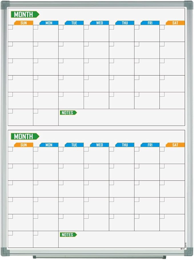 Lockways 2 Monthly Dry-Erase Calendar Whiteboard, 24" x 18", Wall-Mounted Aluminum-Framed Calendar Board